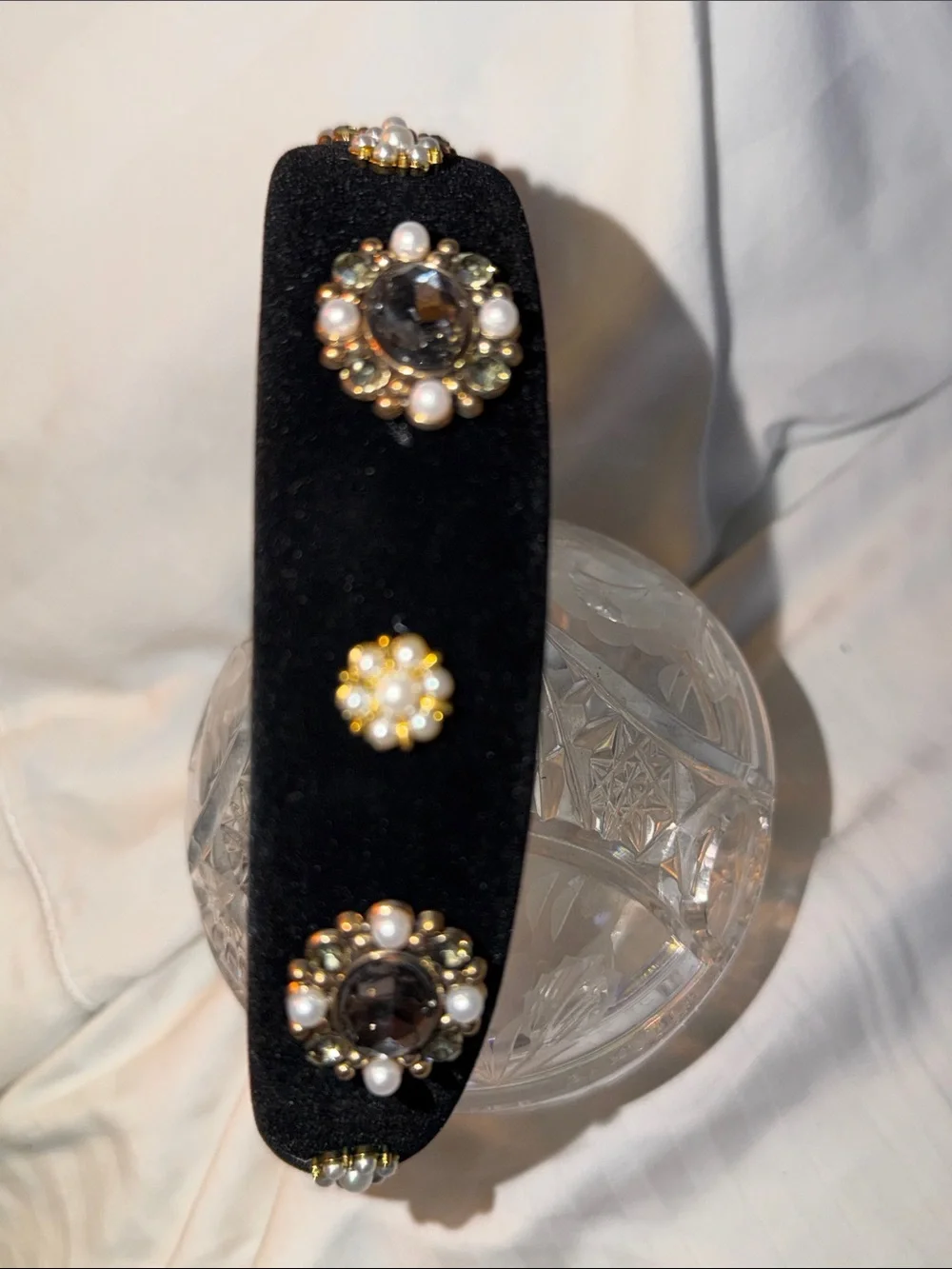 Black velvet Embellished four beautiful cameo style Crystal and pearls headband